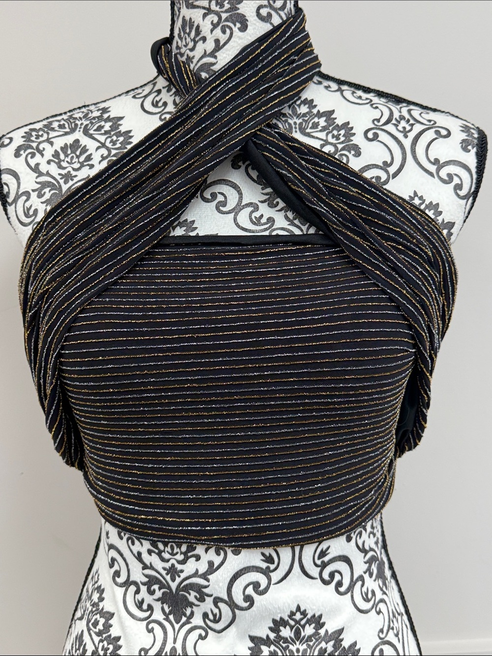 DO+BE Black Halter Crop Top with Gold & Silver Metallic Stripes